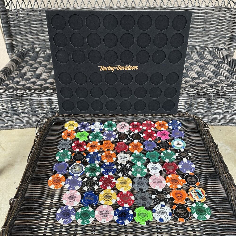 Harley Davidson Poker Chips Lot of 70 Dealership Across‎ County With Mat